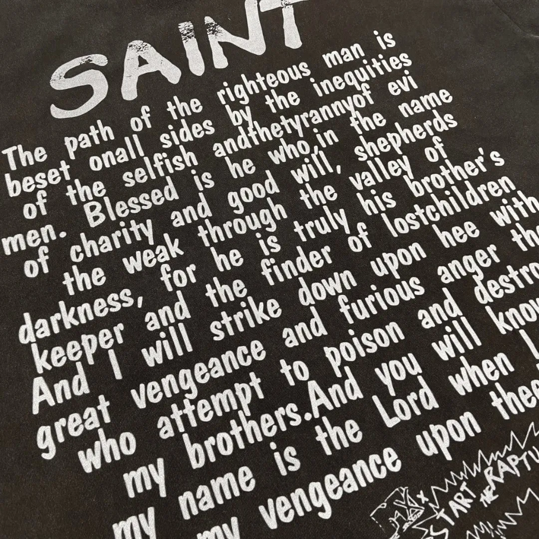 American-style Saint Michael's cheesy and big-headed printed washed, distressed and damaged loose short-sleeved T-shirt. Digital white ink direct printing. The fabric is breathable and the pattern is three-dimensional and clear. Fabric: Double yarn 240g Style number: S890 Size: S-M-L-XL Color: Washed black Price: P118